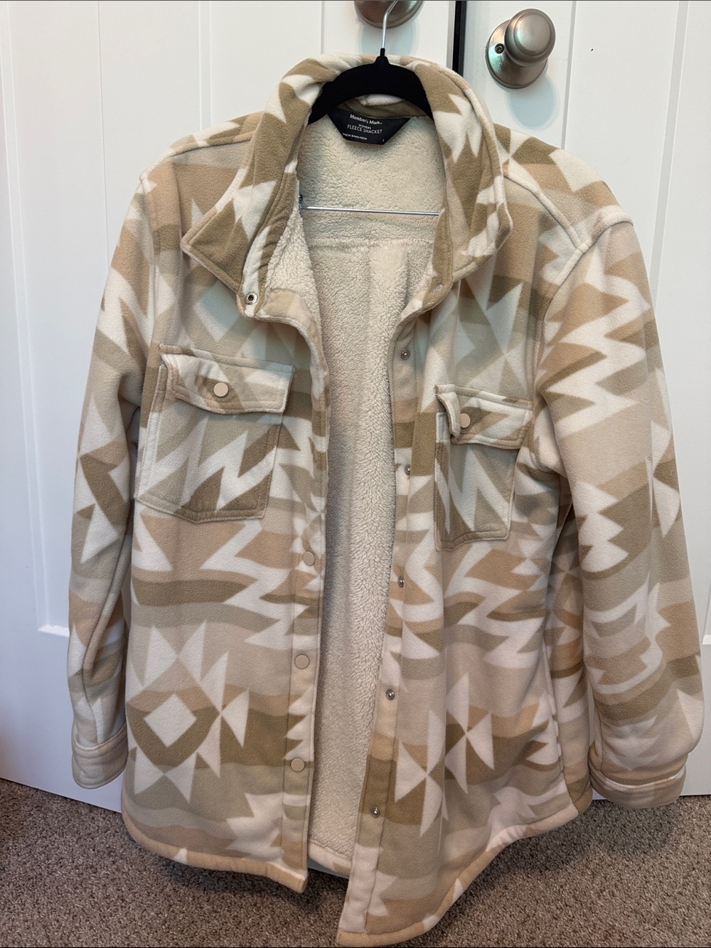 Lightweight Aztec Sherpa-Lined Shirt Jacket - Beige/Cream
